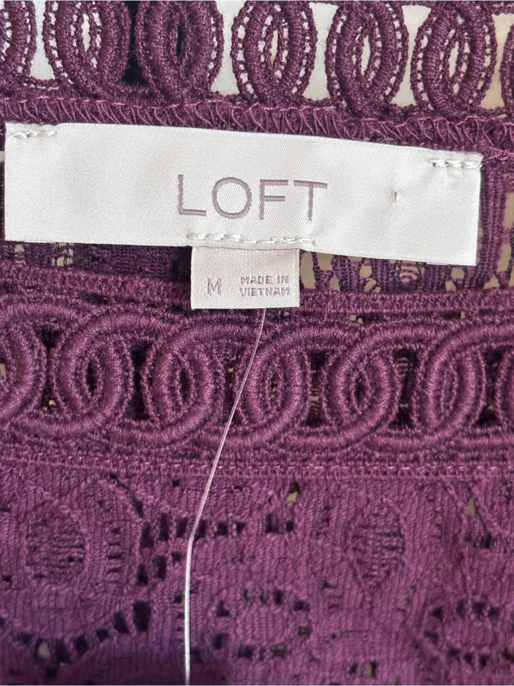 NWT LOFT Plum Lace Blouse Medium Square Neck Crochet Eyelet Puff Sleeve Top
